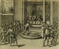 An illustration from Americae pars sexta, siue, Historiæ ab Hieronymo Bezono Mediolanese scriptæ, sectio tertia : res nõ minus nobiles & admiratione plenas continens, quàm præcedentes duæ : in hac enim reperies, qua ratione Hispani opuletissimas illas Peruäni regni prouincias occuparint, capto Rege Atabaliba : deide orta inter ipsos Hispanos in eo regno ciuilia bella : additus est breuis de fortunatis insulis cõmentariolus in duo capita distinctus : item additiones ad singula capita historiam illustrantes : accesit Perväni regni chorographica tabula ... : omnia elegantibus figuris in æs incisis expressa ; (1596)