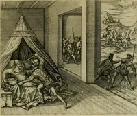 An illustration from Americae pars sexta, siue, Historiæ ab Hieronymo Bezono Mediolanese scriptæ, sectio tertia : res nõ minus nobiles & admiratione plenas continens, quàm præcedentes duæ : in hac enim reperies, qua ratione Hispani opuletissimas illas Peruäni regni prouincias occuparint, capto Rege Atabaliba : deide orta inter ipsos Hispanos in eo regno ciuilia bella : additus est breuis de fortunatis insulis cõmentariolus in duo capita distinctus : item additiones ad singula capita historiam illustrantes : accesit Perväni regni chorographica tabula ... : omnia elegantibus figuris in æs incisis expressa ; (1596)