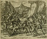 An illustration from Americae pars sexta, siue, Historiæ ab Hieronymo Bezono Mediolanese scriptæ, sectio tertia : res nõ minus nobiles & admiratione plenas continens, quàm præcedentes duæ : in hac enim reperies, qua ratione Hispani opuletissimas illas Peruäni regni prouincias occuparint, capto Rege Atabaliba : deide orta inter ipsos Hispanos in eo regno ciuilia bella : additus est breuis de fortunatis insulis cõmentariolus in duo capita distinctus : item additiones ad singula capita historiam illustrantes : accesit Perväni regni chorographica tabula ... : omnia elegantibus figuris in æs incisis expressa ; (1596)