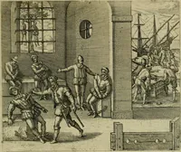 An illustration from Americae pars sexta, siue, Historiæ ab Hieronymo Bezono Mediolanese scriptæ, sectio tertia : res nõ minus nobiles & admiratione plenas continens, quàm præcedentes duæ : in hac enim reperies, qua ratione Hispani opuletissimas illas Peruäni regni prouincias occuparint, capto Rege Atabaliba : deide orta inter ipsos Hispanos in eo regno ciuilia bella : additus est breuis de fortunatis insulis cõmentariolus in duo capita distinctus : item additiones ad singula capita historiam illustrantes : accesit Perväni regni chorographica tabula ... : omnia elegantibus figuris in æs incisis expressa ; (1596)