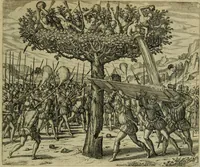 An illustration from Americae pars sexta, siue, Historiæ ab Hieronymo Bezono Mediolanese scriptæ, sectio tertia : res nõ minus nobiles & admiratione plenas continens, quàm præcedentes duæ : in hac enim reperies, qua ratione Hispani opuletissimas illas Peruäni regni prouincias occuparint, capto Rege Atabaliba : deide orta inter ipsos Hispanos in eo regno ciuilia bella : additus est breuis de fortunatis insulis cõmentariolus in duo capita distinctus : item additiones ad singula capita historiam illustrantes : accesit Perväni regni chorographica tabula ... : omnia elegantibus figuris in æs incisis expressa ; (1596)