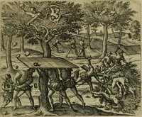 An illustration from Americae pars sexta, siue, Historiæ ab Hieronymo Bezono Mediolanese scriptæ, sectio tertia : res nõ minus nobiles & admiratione plenas continens, quàm præcedentes duæ : in hac enim reperies, qua ratione Hispani opuletissimas illas Peruäni regni prouincias occuparint, capto Rege Atabaliba : deide orta inter ipsos Hispanos in eo regno ciuilia bella : additus est breuis de fortunatis insulis cõmentariolus in duo capita distinctus : item additiones ad singula capita historiam illustrantes : accesit Perväni regni chorographica tabula ... : omnia elegantibus figuris in æs incisis expressa ; (1596)