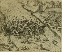 An illustration from Americae pars sexta, siue, Historiæ ab Hieronymo Bezono Mediolanese scriptæ, sectio tertia : res nõ minus nobiles & admiratione plenas continens, quàm præcedentes duæ : in hac enim reperies, qua ratione Hispani opuletissimas illas Peruäni regni prouincias occuparint, capto Rege Atabaliba : deide orta inter ipsos Hispanos in eo regno ciuilia bella : additus est breuis de fortunatis insulis cõmentariolus in duo capita distinctus : item additiones ad singula capita historiam illustrantes : accesit Perväni regni chorographica tabula ... : omnia elegantibus figuris in æs incisis expressa ; (1596)