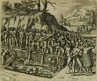 An illustration from Americae pars sexta, siue, Historiæ ab Hieronymo Bezono Mediolanese scriptæ, sectio tertia : res nõ minus nobiles & admiratione plenas continens, quàm præcedentes duæ : in hac enim reperies, qua ratione Hispani opuletissimas illas Peruäni regni prouincias occuparint, capto Rege Atabaliba : deide orta inter ipsos Hispanos in eo regno ciuilia bella : additus est breuis de fortunatis insulis cõmentariolus in duo capita distinctus : item additiones ad singula capita historiam illustrantes : accesit Perväni regni chorographica tabula ... : omnia elegantibus figuris in æs incisis expressa ; (1596)