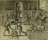 An illustration from Americae pars sexta, siue, Historiæ ab Hieronymo Bezono Mediolanese scriptæ, sectio tertia : res nõ minus nobiles & admiratione plenas continens, quàm præcedentes duæ : in hac enim reperies, qua ratione Hispani opuletissimas illas Peruäni regni prouincias occuparint, capto Rege Atabaliba : deide orta inter ipsos Hispanos in eo regno ciuilia bella : additus est breuis de fortunatis insulis cõmentariolus in duo capita distinctus : item additiones ad singula capita historiam illustrantes : accesit Perväni regni chorographica tabula ... : omnia elegantibus figuris in æs incisis expressa ; (1596)