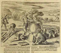 An illustration from Americae pars VIII. : Continens primo, Descriptionem trium itinerum nobilissimi et fortissimi equitis Francisci Draken, qui circumnauigato vniuerso terrarum orbe, postea copiis nauticis, ad expugnandum ciuitatem Panamam, in Indiam nauigauit. Secundo, iter nobilissimi equitis Thomae Candisch, qui duorum ferè annorum spacio, 13000. Anglicana miliaria in mari confecit, vbi describuntur quoque omnia quae in hoc itinere ipsi acciderunt & visa sunt. Tertio, duo itinera, nobilissimi & fortissimi equitis Gualtheri Ralech quibus describitur auriferum & potentissimum regnum Guiana, ad septentrionem fluminis Orenoque, alias Oregliana dicti, situm cum metropoli eius Manoa & Macuieguarai, aliisque finitimis regionibus & fluuis, mercibus item praestantissimis & mercatura, quae in regno hoc exercetur, cuius luculenta tabula geographica in fronte operis occurrit. (1625)