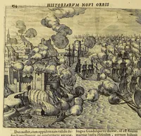 Picture 27 of 29 from Americae pars VIII. : Continens primo, Descriptionem trium itinerum nobilissimi et fortissimi equitis Francisci Draken, qui circumnauigato vniuerso terrarum orbe, postea copiis nauticis, ad expugnandum ciuitatem Panamam, in Indiam nauigauit. Secundo, iter nobilissimi equitis Thomae Candisch, qui duorum ferè annorum spacio, 13000. Anglicana miliaria in mari confecit, vbi describuntur quoque omnia quae in hoc itinere ipsi acciderunt & visa sunt. Tertio, duo itinera, nobilissimi & fortissimi equitis Gualtheri Ralech quibus describitur auriferum & potentissimum regnum Guiana, ad septentrionem fluminis Orenoque, alias Oregliana dicti, situm cum metropoli eius Manoa & Macuieguarai, aliisque finitimis regionibus & fluuis, mercibus item praestantissimis & mercatura, quae in regno hoc exercetur, cuius luculenta tabula geographica in fronte operis occurrit. (1625), leaf 144