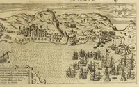 An illustration from Americae pars VIII. : Continens primo, Descriptionem trium itinerum nobilissimi et fortissimi equitis Francisci Draken, qui circumnauigato vniuerso terrarum orbe, postea copiis nauticis, ad expugnandum ciuitatem Panamam, in Indiam nauigauit. Secundo, iter nobilissimi equitis Thomae Candisch, qui duorum ferè annorum spacio, 13000. Anglicana miliaria in mari confecit, vbi describuntur quoque omnia quae in hoc itinere ipsi acciderunt & visa sunt. Tertio, duo itinera, nobilissimi & fortissimi equitis Gualtheri Ralech quibus describitur auriferum & potentissimum regnum Guiana, ad septentrionem fluminis Orenoque, alias Oregliana dicti, situm cum metropoli eius Manoa & Macuieguarai, aliisque finitimis regionibus & fluuis, mercibus item praestantissimis & mercatura, quae in regno hoc exercetur, cuius luculenta tabula geographica in fronte operis occurrit. (1625)