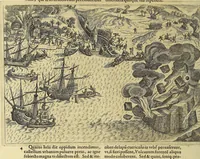 An illustration from Americae pars VIII. : Continens primo, Descriptionem trium itinerum nobilissimi et fortissimi equitis Francisci Draken, qui circumnauigato vniuerso terrarum orbe, postea copiis nauticis, ad expugnandum ciuitatem Panamam, in Indiam nauigauit. Secundo, iter nobilissimi equitis Thomae Candisch, qui duorum ferè annorum spacio, 13000. Anglicana miliaria in mari confecit, vbi describuntur quoque omnia quae in hoc itinere ipsi acciderunt & visa sunt. Tertio, duo itinera, nobilissimi & fortissimi equitis Gualtheri Ralech quibus describitur auriferum & potentissimum regnum Guiana, ad septentrionem fluminis Orenoque, alias Oregliana dicti, situm cum metropoli eius Manoa & Macuieguarai, aliisque finitimis regionibus & fluuis, mercibus item praestantissimis & mercatura, quae in regno hoc exercetur, cuius luculenta tabula geographica in fronte operis occurrit. (1625)