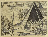 An illustration from Americae pars VIII. : Continens primo, Descriptionem trium itinerum nobilissimi et fortissimi equitis Francisci Draken, qui circumnauigato vniuerso terrarum orbe, postea copiis nauticis, ad expugnandum ciuitatem Panamam, in Indiam nauigauit. Secundo, iter nobilissimi equitis Thomae Candisch, qui duorum ferè annorum spacio, 13000. Anglicana miliaria in mari confecit, vbi describuntur quoque omnia quae in hoc itinere ipsi acciderunt & visa sunt. Tertio, duo itinera, nobilissimi & fortissimi equitis Gualtheri Ralech quibus describitur auriferum & potentissimum regnum Guiana, ad septentrionem fluminis Orenoque, alias Oregliana dicti, situm cum metropoli eius Manoa & Macuieguarai, aliisque finitimis regionibus & fluuis, mercibus item praestantissimis & mercatura, quae in regno hoc exercetur, cuius luculenta tabula geographica in fronte operis occurrit. (1625)
