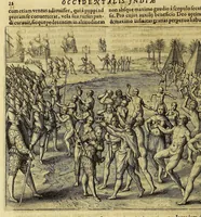 An illustration from Americae pars VIII. : Continens primo, Descriptionem trium itinerum nobilissimi et fortissimi equitis Francisci Draken, qui circumnauigato vniuerso terrarum orbe, postea copiis nauticis, ad expugnandum ciuitatem Panamam, in Indiam nauigauit. Secundo, iter nobilissimi equitis Thomae Candisch, qui duorum ferè annorum spacio, 13000. Anglicana miliaria in mari confecit, vbi describuntur quoque omnia quae in hoc itinere ipsi acciderunt & visa sunt. Tertio, duo itinera, nobilissimi & fortissimi equitis Gualtheri Ralech quibus describitur auriferum & potentissimum regnum Guiana, ad septentrionem fluminis Orenoque, alias Oregliana dicti, situm cum metropoli eius Manoa & Macuieguarai, aliisque finitimis regionibus & fluuis, mercibus item praestantissimis & mercatura, quae in regno hoc exercetur, cuius luculenta tabula geographica in fronte operis occurrit. (1625)