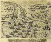 An illustration from Americae pars VIII. : Continens primo, Descriptionem trium itinerum nobilissimi et fortissimi equitis Francisci Draken, qui circumnauigato vniuerso terrarum orbe, postea copiis nauticis, ad expugnandum ciuitatem Panamam, in Indiam nauigauit. Secundo, iter nobilissimi equitis Thomae Candisch, qui duorum ferè annorum spacio, 13000. Anglicana miliaria in mari confecit, vbi describuntur quoque omnia quae in hoc itinere ipsi acciderunt & visa sunt. Tertio, duo itinera, nobilissimi & fortissimi equitis Gualtheri Ralech quibus describitur auriferum & potentissimum regnum Guiana, ad septentrionem fluminis Orenoque, alias Oregliana dicti, situm cum metropoli eius Manoa & Macuieguarai, aliisque finitimis regionibus & fluuis, mercibus item praestantissimis & mercatura, quae in regno hoc exercetur, cuius luculenta tabula geographica in fronte operis occurrit. (1625)