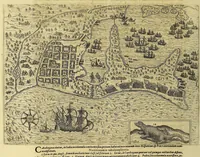 An illustration from Americae pars VIII. : Continens primo, Descriptionem trium itinerum nobilissimi et fortissimi equitis Francisci Draken, qui circumnauigato vniuerso terrarum orbe, postea copiis nauticis, ad expugnandum ciuitatem Panamam, in Indiam nauigauit. Secundo, iter nobilissimi equitis Thomae Candisch, qui duorum ferè annorum spacio, 13000. Anglicana miliaria in mari confecit, vbi describuntur quoque omnia quae in hoc itinere ipsi acciderunt & visa sunt. Tertio, duo itinera, nobilissimi & fortissimi equitis Gualtheri Ralech quibus describitur auriferum & potentissimum regnum Guiana, ad septentrionem fluminis Orenoque, alias Oregliana dicti, situm cum metropoli eius Manoa & Macuieguarai, aliisque finitimis regionibus & fluuis, mercibus item praestantissimis & mercatura, quae in regno hoc exercetur, cuius luculenta tabula geographica in fronte operis occurrit. (1625)