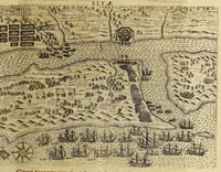 An illustration from Americae pars VIII. : Continens primo, Descriptionem trium itinerum nobilissimi et fortissimi equitis Francisci Draken, qui circumnauigato vniuerso terrarum orbe, postea copiis nauticis, ad expugnandum ciuitatem Panamam, in Indiam nauigauit. Secundo, iter nobilissimi equitis Thomae Candisch, qui duorum ferè annorum spacio, 13000. Anglicana miliaria in mari confecit, vbi describuntur quoque omnia quae in hoc itinere ipsi acciderunt & visa sunt. Tertio, duo itinera, nobilissimi & fortissimi equitis Gualtheri Ralech quibus describitur auriferum & potentissimum regnum Guiana, ad septentrionem fluminis Orenoque, alias Oregliana dicti, situm cum metropoli eius Manoa & Macuieguarai, aliisque finitimis regionibus & fluuis, mercibus item praestantissimis & mercatura, quae in regno hoc exercetur, cuius luculenta tabula geographica in fronte operis occurrit. (1625)