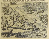 An illustration from Americae pars VIII. : Continens primo, Descriptionem trium itinerum nobilissimi et fortissimi equitis Francisci Draken, qui circumnauigato vniuerso terrarum orbe, postea copiis nauticis, ad expugnandum ciuitatem Panamam, in Indiam nauigauit. Secundo, iter nobilissimi equitis Thomae Candisch, qui duorum ferè annorum spacio, 13000. Anglicana miliaria in mari confecit, vbi describuntur quoque omnia quae in hoc itinere ipsi acciderunt & visa sunt. Tertio, duo itinera, nobilissimi & fortissimi equitis Gualtheri Ralech quibus describitur auriferum & potentissimum regnum Guiana, ad septentrionem fluminis Orenoque, alias Oregliana dicti, situm cum metropoli eius Manoa & Macuieguarai, aliisque finitimis regionibus & fluuis, mercibus item praestantissimis & mercatura, quae in regno hoc exercetur, cuius luculenta tabula geographica in fronte operis occurrit. (1625)