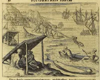 An illustration from Americae pars VIII. : Continens primo, Descriptionem trium itinerum nobilissimi et fortissimi equitis Francisci Draken, qui circumnauigato vniuerso terrarum orbe, postea copiis nauticis, ad expugnandum ciuitatem Panamam, in Indiam nauigauit. Secundo, iter nobilissimi equitis Thomae Candisch, qui duorum ferè annorum spacio, 13000. Anglicana miliaria in mari confecit, vbi describuntur quoque omnia quae in hoc itinere ipsi acciderunt & visa sunt. Tertio, duo itinera, nobilissimi & fortissimi equitis Gualtheri Ralech quibus describitur auriferum & potentissimum regnum Guiana, ad septentrionem fluminis Orenoque, alias Oregliana dicti, situm cum metropoli eius Manoa & Macuieguarai, aliisque finitimis regionibus & fluuis, mercibus item praestantissimis & mercatura, quae in regno hoc exercetur, cuius luculenta tabula geographica in fronte operis occurrit. (1625)