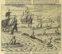 An illustration from Americae pars VIII. : Continens primo, Descriptionem trium itinerum nobilissimi et fortissimi equitis Francisci Draken, qui circumnauigato vniuerso terrarum orbe, postea copiis nauticis, ad expugnandum ciuitatem Panamam, in Indiam nauigauit. Secundo, iter nobilissimi equitis Thomae Candisch, qui duorum ferè annorum spacio, 13000. Anglicana miliaria in mari confecit, vbi describuntur quoque omnia quae in hoc itinere ipsi acciderunt & visa sunt. Tertio, duo itinera, nobilissimi & fortissimi equitis Gualtheri Ralech quibus describitur auriferum & potentissimum regnum Guiana, ad septentrionem fluminis Orenoque, alias Oregliana dicti, situm cum metropoli eius Manoa & Macuieguarai, aliisque finitimis regionibus & fluuis, mercibus item praestantissimis & mercatura, quae in regno hoc exercetur, cuius luculenta tabula geographica in fronte operis occurrit. (1625)