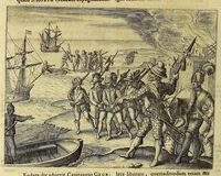 Picture 17 of 29 from Americae pars VIII. : Continens primo, Descriptionem trium itinerum nobilissimi et fortissimi equitis Francisci Draken, qui circumnauigato vniuerso terrarum orbe, postea copiis nauticis, ad expugnandum ciuitatem Panamam, in Indiam nauigauit. Secundo, iter nobilissimi equitis Thomae Candisch, qui duorum ferè annorum spacio, 13000. Anglicana miliaria in mari confecit, vbi describuntur quoque omnia quae in hoc itinere ipsi acciderunt & visa sunt. Tertio, duo itinera, nobilissimi & fortissimi equitis Gualtheri Ralech quibus describitur auriferum & potentissimum regnum Guiana, ad septentrionem fluminis Orenoque, alias Oregliana dicti, situm cum metropoli eius Manoa & Macuieguarai, aliisque finitimis regionibus & fluuis, mercibus item praestantissimis & mercatura, quae in regno hoc exercetur, cuius luculenta tabula geographica in fronte operis occurrit. (1625), leaf 74