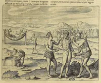 An illustration from Americae pars VIII. : Continens primo, Descriptionem trium itinerum nobilissimi et fortissimi equitis Francisci Draken, qui circumnauigato vniuerso terrarum orbe, postea copiis nauticis, ad expugnandum ciuitatem Panamam, in Indiam nauigauit. Secundo, iter nobilissimi equitis Thomae Candisch, qui duorum ferè annorum spacio, 13000. Anglicana miliaria in mari confecit, vbi describuntur quoque omnia quae in hoc itinere ipsi acciderunt & visa sunt. Tertio, duo itinera, nobilissimi & fortissimi equitis Gualtheri Ralech quibus describitur auriferum & potentissimum regnum Guiana, ad septentrionem fluminis Orenoque, alias Oregliana dicti, situm cum metropoli eius Manoa & Macuieguarai, aliisque finitimis regionibus & fluuis, mercibus item praestantissimis & mercatura, quae in regno hoc exercetur, cuius luculenta tabula geographica in fronte operis occurrit. (1625)