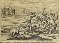 An illustration from Americae pars VIII. : Continens primo, Descriptionem trium itinerum nobilissimi et fortissimi equitis Francisci Draken, qui circumnauigato vniuerso terrarum orbe, postea copiis nauticis, ad expugnandum ciuitatem Panamam, in Indiam nauigauit. Secundo, iter nobilissimi equitis Thomae Candisch, qui duorum ferè annorum spacio, 13000. Anglicana miliaria in mari confecit, vbi describuntur quoque omnia quae in hoc itinere ipsi acciderunt & visa sunt. Tertio, duo itinera, nobilissimi & fortissimi equitis Gualtheri Ralech quibus describitur auriferum & potentissimum regnum Guiana, ad septentrionem fluminis Orenoque, alias Oregliana dicti, situm cum metropoli eius Manoa & Macuieguarai, aliisque finitimis regionibus & fluuis, mercibus item praestantissimis & mercatura, quae in regno hoc exercetur, cuius luculenta tabula geographica in fronte operis occurrit. (1625)