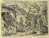 An illustration from Americae pars VIII. : Continens primo, Descriptionem trium itinerum nobilissimi et fortissimi equitis Francisci Draken, qui circumnauigato vniuerso terrarum orbe, postea copiis nauticis, ad expugnandum ciuitatem Panamam, in Indiam nauigauit. Secundo, iter nobilissimi equitis Thomae Candisch, qui duorum ferè annorum spacio, 13000. Anglicana miliaria in mari confecit, vbi describuntur quoque omnia quae in hoc itinere ipsi acciderunt & visa sunt. Tertio, duo itinera, nobilissimi & fortissimi equitis Gualtheri Ralech quibus describitur auriferum & potentissimum regnum Guiana, ad septentrionem fluminis Orenoque, alias Oregliana dicti, situm cum metropoli eius Manoa & Macuieguarai, aliisque finitimis regionibus & fluuis, mercibus item praestantissimis & mercatura, quae in regno hoc exercetur, cuius luculenta tabula geographica in fronte operis occurrit. (1625)