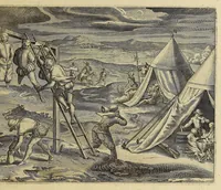Picture 6 of 14 from Americae pars VIII. : Continens primo, Descriptionem trium itinerum nobilissimi et fortissimi equitis Francisci Draken, qui peragrato primum vniuerso terrarum orbe, postea cum nobilissimo equite Iohanne Hauckens, ad expugnandum ciuitatem Panama, in Indiam nauigauit, vbi vitam suam ambo finierunt. Secundo, iter noblissimi equitis Thomae Candisch, qui duorum ferè annorum spacio, 13000. Anglicana miliaria in mari confecit, vbi describuntur quoque omnia quae in hoc itinere ipsi acciderunt & visa sunt. Tertio, duo itinera, nobilissimi & fortissimi domini Gualtheri Ralegh equitis & designati gubernatoris regij in Anglia praesidij, nec non fortissimi capitanei Laurentii Keyms. Quibus itineribus describitur auriferum et potentissimum regnum Guiana, ad septentrionem fluminis Orenoque, aliàs Oreciliana dicti, situm, cum metropoli eius Manoa & Macuieguarai, aliisq[ue] finitimis regionibus & fluuis, mereibus item praestantissimis, & mercatura, quae in regno hoc exercetur. (1599), leaf 197