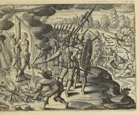 An illustration from Americae pars VIII. : Continens primo, Descriptionem trium itinerum nobilissimi et fortissimi equitis Francisci Draken, qui peragrato primum vniuerso terrarum orbe, postea cum nobilissimo equite Iohanne Hauckens, ad expugnandum ciuitatem Panama, in Indiam nauigauit, vbi vitam suam ambo finierunt. Secundo, iter noblissimi equitis Thomae Candisch, qui duorum ferè annorum spacio, 13000. Anglicana miliaria in mari confecit, vbi describuntur quoque omnia quae in hoc itinere ipsi acciderunt & visa sunt. Tertio, duo itinera, nobilissimi & fortissimi domini Gualtheri Ralegh equitis & designati gubernatoris regij in Anglia praesidij, nec non fortissimi capitanei Laurentii Keyms. Quibus itineribus describitur auriferum et potentissimum regnum Guiana, ad septentrionem fluminis Orenoque, aliàs Oreciliana dicti, situm, cum metropoli eius Manoa & Macuieguarai, aliisq[ue] finitimis regionibus & fluuis, mereibus item praestantissimis, & mercatura, quae in regno hoc exercetur. (1599)