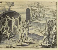 An illustration from Americae pars VIII. : Continens primo, Descriptionem trium itinerum nobilissimi et fortissimi equitis Francisci Draken, qui peragrato primum vniuerso terrarum orbe, postea cum nobilissimo equite Iohanne Hauckens, ad expugnandum ciuitatem Panama, in Indiam nauigauit, vbi vitam suam ambo finierunt. Secundo, iter noblissimi equitis Thomae Candisch, qui duorum ferè annorum spacio, 13000. Anglicana miliaria in mari confecit, vbi describuntur quoque omnia quae in hoc itinere ipsi acciderunt & visa sunt. Tertio, duo itinera, nobilissimi & fortissimi domini Gualtheri Ralegh equitis & designati gubernatoris regij in Anglia praesidij, nec non fortissimi capitanei Laurentii Keyms. Quibus itineribus describitur auriferum et potentissimum regnum Guiana, ad septentrionem fluminis Orenoque, aliàs Oreciliana dicti, situm, cum metropoli eius Manoa & Macuieguarai, aliisq[ue] finitimis regionibus & fluuis, mereibus item praestantissimis, & mercatura, quae in regno hoc exercetur. (1599)