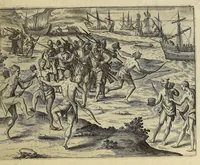 An illustration from Americae pars VIII. : Continens primo, Descriptionem trium itinerum nobilissimi et fortissimi equitis Francisci Draken, qui peragrato primum vniuerso terrarum orbe, postea cum nobilissimo equite Iohanne Hauckens, ad expugnandum ciuitatem Panama, in Indiam nauigauit, vbi vitam suam ambo finierunt. Secundo, iter noblissimi equitis Thomae Candisch, qui duorum ferè annorum spacio, 13000. Anglicana miliaria in mari confecit, vbi describuntur quoque omnia quae in hoc itinere ipsi acciderunt & visa sunt. Tertio, duo itinera, nobilissimi & fortissimi domini Gualtheri Ralegh equitis & designati gubernatoris regij in Anglia praesidij, nec non fortissimi capitanei Laurentii Keyms. Quibus itineribus describitur auriferum et potentissimum regnum Guiana, ad septentrionem fluminis Orenoque, aliàs Oreciliana dicti, situm, cum metropoli eius Manoa & Macuieguarai, aliisq[ue] finitimis regionibus & fluuis, mereibus item praestantissimis, & mercatura, quae in regno hoc exercetur. (1599)