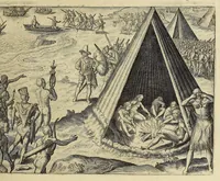 An illustration from Americae pars VIII. : Continens primo, Descriptionem trium itinerum nobilissimi et fortissimi equitis Francisci Draken, qui peragrato primum vniuerso terrarum orbe, postea cum nobilissimo equite Iohanne Hauckens, ad expugnandum ciuitatem Panama, in Indiam nauigauit, vbi vitam suam ambo finierunt. Secundo, iter noblissimi equitis Thomae Candisch, qui duorum ferè annorum spacio, 13000. Anglicana miliaria in mari confecit, vbi describuntur quoque omnia quae in hoc itinere ipsi acciderunt & visa sunt. Tertio, duo itinera, nobilissimi & fortissimi domini Gualtheri Ralegh equitis & designati gubernatoris regij in Anglia praesidij, nec non fortissimi capitanei Laurentii Keyms. Quibus itineribus describitur auriferum et potentissimum regnum Guiana, ad septentrionem fluminis Orenoque, aliàs Oreciliana dicti, situm, cum metropoli eius Manoa & Macuieguarai, aliisq[ue] finitimis regionibus & fluuis, mereibus item praestantissimis, & mercatura, quae in regno hoc exercetur. (1599)