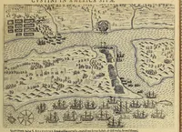 An illustration from Americae pars VIII. : Continens primo, Descriptionem trium itinerum nobilissimi et fortissimi equitis Francisci Draken, qui peragrato primum vniuerso terrarum orbe, postea cum nobilissimo equite Iohanne Hauckens, ad expugnandum ciuitatem Panama, in Indiam nauigauit, vbi vitam suam ambo finierunt. Secundo, iter noblissimi equitis Thomae Candisch, qui duorum ferè annorum spacio, 13000. Anglicana miliaria in mari confecit, vbi describuntur quoque omnia quae in hoc itinere ipsi acciderunt & visa sunt. Tertio, duo itinera, nobilissimi & fortissimi domini Gualtheri Ralegh equitis & designati gubernatoris regij in Anglia praesidij, nec non fortissimi capitanei Laurentii Keyms. Quibus itineribus describitur auriferum et potentissimum regnum Guiana, ad septentrionem fluminis Orenoque, aliàs Oreciliana dicti, situm, cum metropoli eius Manoa & Macuieguarai, aliisq[ue] finitimis regionibus & fluuis, mereibus item praestantissimis, & mercatura, quae in regno hoc exercetur. (1599)