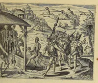 An illustration from Americae pars VIII. : Continens primo, Descriptionem trium itinerum nobilissimi et fortissimi equitis Francisci Draken, qui peragrato primum vniuerso terrarum orbe, postea cum nobilissimo equite Iohanne Hauckens, ad expugnandum ciuitatem Panama, in Indiam nauigauit, vbi vitam suam ambo finierunt. Secundo, iter noblissimi equitis Thomae Candisch, qui duorum ferè annorum spacio, 13000. Anglicana miliaria in mari confecit, vbi describuntur quoque omnia quae in hoc itinere ipsi acciderunt & visa sunt. Tertio, duo itinera, nobilissimi & fortissimi domini Gualtheri Ralegh equitis & designati gubernatoris regij in Anglia praesidij, nec non fortissimi capitanei Laurentii Keyms. Quibus itineribus describitur auriferum et potentissimum regnum Guiana, ad septentrionem fluminis Orenoque, aliàs Oreciliana dicti, situm, cum metropoli eius Manoa & Macuieguarai, aliisq[ue] finitimis regionibus & fluuis, mereibus item praestantissimis, & mercatura, quae in regno hoc exercetur. (1599)