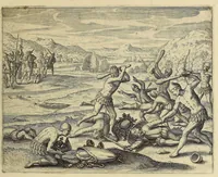 An illustration from Americae pars VIII. : Continens primo, Descriptionem trium itinerum nobilissimi et fortissimi equitis Francisci Draken, qui peragrato primum vniuerso terrarum orbe, postea cum nobilissimo equite Iohanne Hauckens, ad expugnandum ciuitatem Panama, in Indiam nauigauit, vbi vitam suam ambo finierunt. Secundo, iter noblissimi equitis Thomae Candisch, qui duorum ferè annorum spacio, 13000. Anglicana miliaria in mari confecit, vbi describuntur quoque omnia quae in hoc itinere ipsi acciderunt & visa sunt. Tertio, duo itinera, nobilissimi & fortissimi domini Gualtheri Ralegh equitis & designati gubernatoris regij in Anglia praesidij, nec non fortissimi capitanei Laurentii Keyms. Quibus itineribus describitur auriferum et potentissimum regnum Guiana, ad septentrionem fluminis Orenoque, aliàs Oreciliana dicti, situm, cum metropoli eius Manoa & Macuieguarai, aliisq[ue] finitimis regionibus & fluuis, mereibus item praestantissimis, & mercatura, quae in regno hoc exercetur. (1599)