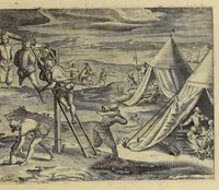 An illustration from Americae pars VIII. : Continens primo, Descriptionem trium itinerum nobilissimi et fortissimi equitis Francisci Draken, qui peragrato primum vniuerso terrarum orbe, postea cum nobilissimo equite Iohanne Hauckens, ad expugnandum ciuitatem Panama, in Indiam nauigauit, vbi vitam suam ambo finierunt. Secundo, iter noblissimi equitis Thomae Candisch, qui duorum ferè annorum spacio, 13000. Anglicana miliaria in mari confecit, vbi describuntur quoque omnia quae in hoc itinere ipsi acciderunt & visa sunt. Tertio, duo itinera, nobilissimi & fortissimi domini Gualtheri Ralegh equitis & designati gubernatoris regij in Anglia praesidij, nec non fortissimi capitanei Laurentii Keyms. Quibus itineribus describitur auriferum et potentissimum regnum Guiana, ad septentrionem fluminis Orenoque, aliàs Oreciliana dicti, situm, cum metropoli eius Manoa & Macuieguarai, aliisq[ue] finitimis regionibus & fluuis, mereibus item praestantissimis, & mercatura, quae in regno hoc exercetur. (1599)