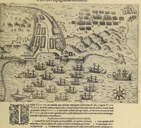 An illustration from Americae pars VIII. : Continens primo, Descriptionem trium itinerum nobilissimi et fortissimi equitis Francisci Draken, qui peragrato primum vniuerso terrarum orbe, postea cum nobilissimo equite Iohanne Hauckens, ad expugnandum ciuitatem Panama, in Indiam nauigauit, vbi vitam suam ambo finierunt. Secundo, iter noblissimi equitis Thomae Candisch, qui duorum ferè annorum spacio, 13000. Anglicana miliaria in mari confecit, vbi describuntur quoque omnia quae in hoc itinere ipsi acciderunt & visa sunt. Tertio, duo itinera, nobilissimi & fortissimi domini Gualtheri Ralegh equitis & designati gubernatoris regij in Anglia praesidij, nec non fortissimi capitanei Laurentii Keyms. Quibus itineribus describitur auriferum et potentissimum regnum Guiana, ad septentrionem fluminis Orenoque, aliàs Oreciliana dicti, situm, cum metropoli eius Manoa & Macuieguarai, aliisq[ue] finitimis regionibus & fluuis, mereibus item praestantissimis, & mercatura, quae in regno hoc exercetur. (1599)