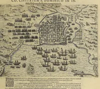 An illustration from Americae pars VIII. : Continens primo, Descriptionem trium itinerum nobilissimi et fortissimi equitis Francisci Draken, qui peragrato primum vniuerso terrarum orbe, postea cum nobilissimo equite Iohanne Hauckens, ad expugnandum ciuitatem Panama, in Indiam nauigauit, vbi vitam suam ambo finierunt. Secundo, iter noblissimi equitis Thomae Candisch, qui duorum ferè annorum spacio, 13000. Anglicana miliaria in mari confecit, vbi describuntur quoque omnia quae in hoc itinere ipsi acciderunt & visa sunt. Tertio, duo itinera, nobilissimi & fortissimi domini Gualtheri Ralegh equitis & designati gubernatoris regij in Anglia praesidij, nec non fortissimi capitanei Laurentii Keyms. Quibus itineribus describitur auriferum et potentissimum regnum Guiana, ad septentrionem fluminis Orenoque, aliàs Oreciliana dicti, situm, cum metropoli eius Manoa & Macuieguarai, aliisq[ue] finitimis regionibus & fluuis, mereibus item praestantissimis, & mercatura, quae in regno hoc exercetur. (1599)