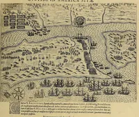 An illustration from Americae pars VIII. : Continens primo, Descriptionem trium itinerum nobilissimi et fortissimi equitis Francisci Draken, qui peragrato primum vniuerso terrarum orbe, postea cum nobilissimo equite Iohanne Hauckens, ad expugnandum ciuitatem Panama, in Indiam nauigauit, vbi vitam suam ambo finierunt. Secundo, iter noblissimi equitis Thomae Candisch, qui duorum ferè annorum spacio, 13000. Anglicana miliaria in mari confecit, vbi describuntur quoque omnia quae in hoc itinere ipsi acciderunt & visa sunt. Tertio, duo itinera, nobilissimi & fortissimi domini Gualtheri Ralegh equitis & designati gubernatoris regij in Anglia praesidij, nec non fortissimi capitanei Laurentii Keyms. Quibus itineribus describitur auriferum et potentissimum regnum Guiana, ad septentrionem fluminis Orenoque, aliàs Oreciliana dicti, situm, cum metropoli eius Manoa & Macuieguarai, aliisq[ue] finitimis regionibus & fluuis, mereibus item praestantissimis, & mercatura, quae in regno hoc exercetur. (1599)