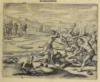 An illustration from Americae pars VIII. : Continens primo, Descriptionem trium itinerum nobilissimi et fortissimi equitis Francisci Draken, qui peragrato primum vniuerso terrarum orbe, postea cum nobilissimo equite Iohanne Hauckens, ad expugnandum ciuitatem Panama, in Indiam nauigauit, vbi vitam suam ambo finierunt. Secundo, iter noblissimi equitis Thomae Candisch, qui duorum ferè annorum spacio, 13000. Anglicana miliaria in mari confecit, vbi describuntur quoque omnia quae in hoc itinere ipsi acciderunt & visa sunt. Tertio, duo itinera, nobilissimi & fortissimi domini Gualtheri Ralegh equitis & designati gubernatoris regij in Anglia praesidij, nec non fortissimi capitanei Laurentii Keyms. Quibus itineribus describitur auriferum et potentissimum regnum Guiana, ad septentrionem fluminis Orenoque, aliàs Oreciliana dicti, situm, cum metropoli eius Manoa & Macuieguarai, aliisq[ue] finitimis regionibus & fluuis, mereibus item praestantissimis, & mercatura, quae in regno hoc exercetur. (1599)