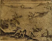 An illustration from Americæ nona & postrema pars : qua de ratione elementorum, de novi orbis natvra, de hvivs incolarvm svperstitiosis cultibus : deq; forma politiæ ac reipubl. ipsorum copiosè pertractatur : catalogo regnum Mexicanorum omnium, à primo vsq; ad vltimum Monteçuman II. additio ... : his accessit designatio illivs navigationis, quam 5. naves Hollandicae anno 1598. per fretum Magellanum in Moluccanas insulas tentarunt : quomodo nimirum oborta tempestate Capitaeus Sebalt de Weert à cæteris nauibus dispulsus, postquam plurimis mensibus in freto infinitis aerumnis miserè iactatus fuisset, tandem infectare post biennum an. 1600. domum reuersus sit : addita est tertio navigatio recens, quam 4. navium praefectus Olevier à Noort proximè suscepit ... : omnia è Germanico Latinitate donata, & insuper elegantissimis figuris æneis coornata editaq; sumptibus Theodori de Bry p.m. Viduæ & binorum filiorum (1602)