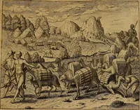 An illustration from Americæ nona & postrema pars : qua de ratione elementorum, de novi orbis natvra, de hvivs incolarvm svperstitiosis cultibus : deq; forma politiæ ac reipubl. ipsorum copiosè pertractatur : catalogo regnum Mexicanorum omnium, à primo vsq; ad vltimum Monteçuman II. additio ... : his accessit designatio illivs navigationis, quam 5. naves Hollandicae anno 1598. per fretum Magellanum in Moluccanas insulas tentarunt : quomodo nimirum oborta tempestate Capitaeus Sebalt de Weert à cæteris nauibus dispulsus, postquam plurimis mensibus in freto infinitis aerumnis miserè iactatus fuisset, tandem infectare post biennum an. 1600. domum reuersus sit : addita est tertio navigatio recens, quam 4. navium praefectus Olevier à Noort proximè suscepit ... : omnia è Germanico Latinitate donata, & insuper elegantissimis figuris æneis coornata editaq; sumptibus Theodori de Bry p.m. Viduæ & binorum filiorum (1602)