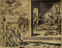 An illustration from Americæ nona & postrema pars : qua de ratione elementorum, de novi orbis natvra, de hvivs incolarvm svperstitiosis cultibus : deq; forma politiæ ac reipubl. ipsorum copiosè pertractatur : catalogo regnum Mexicanorum omnium, à primo vsq; ad vltimum Monteçuman II. additio ... : his accessit designatio illivs navigationis, quam 5. naves Hollandicae anno 1598. per fretum Magellanum in Moluccanas insulas tentarunt : quomodo nimirum oborta tempestate Capitaeus Sebalt de Weert à cæteris nauibus dispulsus, postquam plurimis mensibus in freto infinitis aerumnis miserè iactatus fuisset, tandem infectare post biennum an. 1600. domum reuersus sit : addita est tertio navigatio recens, quam 4. navium praefectus Olevier à Noort proximè suscepit ... : omnia è Germanico Latinitate donata, & insuper elegantissimis figuris æneis coornata editaq; sumptibus Theodori de Bry p.m. Viduæ & binorum filiorum (1602)