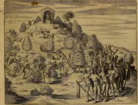 An illustration from Americæ nona & postrema pars : qua de ratione elementorum, de novi orbis natvra, de hvivs incolarvm svperstitiosis cultibus : deq; forma politiæ ac reipubl. ipsorum copiosè pertractatur : catalogo regnum Mexicanorum omnium, à primo vsq; ad vltimum Monteçuman II. additio ... : his accessit designatio illivs navigationis, quam 5. naves Hollandicae anno 1598. per fretum Magellanum in Moluccanas insulas tentarunt : quomodo nimirum oborta tempestate Capitaeus Sebalt de Weert à cæteris nauibus dispulsus, postquam plurimis mensibus in freto infinitis aerumnis miserè iactatus fuisset, tandem infectare post biennum an. 1600. domum reuersus sit : addita est tertio navigatio recens, quam 4. navium praefectus Olevier à Noort proximè suscepit ... : omnia è Germanico Latinitate donata, & insuper elegantissimis figuris æneis coornata editaq; sumptibus Theodori de Bry p.m. Viduæ & binorum filiorum (1602)