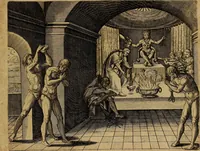 An illustration from Americæ nona & postrema pars : qua de ratione elementorum, de novi orbis natvra, de hvivs incolarvm svperstitiosis cultibus : deq; forma politiæ ac reipubl. ipsorum copiosè pertractatur : catalogo regnum Mexicanorum omnium, à primo vsq; ad vltimum Monteçuman II. additio ... : his accessit designatio illivs navigationis, quam 5. naves Hollandicae anno 1598. per fretum Magellanum in Moluccanas insulas tentarunt : quomodo nimirum oborta tempestate Capitaeus Sebalt de Weert à cæteris nauibus dispulsus, postquam plurimis mensibus in freto infinitis aerumnis miserè iactatus fuisset, tandem infectare post biennum an. 1600. domum reuersus sit : addita est tertio navigatio recens, quam 4. navium praefectus Olevier à Noort proximè suscepit ... : omnia è Germanico Latinitate donata, & insuper elegantissimis figuris æneis coornata editaq; sumptibus Theodori de Bry p.m. Viduæ & binorum filiorum (1602)