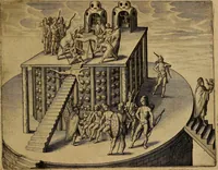 An illustration from Americæ nona & postrema pars : qua de ratione elementorum, de novi orbis natvra, de hvivs incolarvm svperstitiosis cultibus : deq; forma politiæ ac reipubl. ipsorum copiosè pertractatur : catalogo regnum Mexicanorum omnium, à primo vsq; ad vltimum Monteçuman II. additio ... : his accessit designatio illivs navigationis, quam 5. naves Hollandicae anno 1598. per fretum Magellanum in Moluccanas insulas tentarunt : quomodo nimirum oborta tempestate Capitaeus Sebalt de Weert à cæteris nauibus dispulsus, postquam plurimis mensibus in freto infinitis aerumnis miserè iactatus fuisset, tandem infectare post biennum an. 1600. domum reuersus sit : addita est tertio navigatio recens, quam 4. navium praefectus Olevier à Noort proximè suscepit ... : omnia è Germanico Latinitate donata, & insuper elegantissimis figuris æneis coornata editaq; sumptibus Theodori de Bry p.m. Viduæ & binorum filiorum (1602)