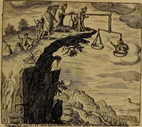 An illustration from Americæ nona & postrema pars : qua de ratione elementorum, de novi orbis natvra, de hvivs incolarvm svperstitiosis cultibus : deq; forma politiæ ac reipubl. ipsorum copiosè pertractatur : catalogo regnum Mexicanorum omnium, à primo vsq; ad vltimum Monteçuman II. additio ... : his accessit designatio illivs navigationis, quam 5. naves Hollandicae anno 1598. per fretum Magellanum in Moluccanas insulas tentarunt : quomodo nimirum oborta tempestate Capitaeus Sebalt de Weert à cæteris nauibus dispulsus, postquam plurimis mensibus in freto infinitis aerumnis miserè iactatus fuisset, tandem infectare post biennum an. 1600. domum reuersus sit : addita est tertio navigatio recens, quam 4. navium praefectus Olevier à Noort proximè suscepit ... : omnia è Germanico Latinitate donata, & insuper elegantissimis figuris æneis coornata editaq; sumptibus Theodori de Bry p.m. Viduæ & binorum filiorum (1602)