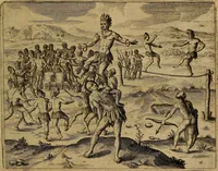 An illustration from Americæ nona & postrema pars : qua de ratione elementorum, de novi orbis natvra, de hvivs incolarvm svperstitiosis cultibus : deq; forma politiæ ac reipubl. ipsorum copiosè pertractatur : catalogo regnum Mexicanorum omnium, à primo vsq; ad vltimum Monteçuman II. additio ... : his accessit designatio illivs navigationis, quam 5. naves Hollandicae anno 1598. per fretum Magellanum in Moluccanas insulas tentarunt : quomodo nimirum oborta tempestate Capitaeus Sebalt de Weert à cæteris nauibus dispulsus, postquam plurimis mensibus in freto infinitis aerumnis miserè iactatus fuisset, tandem infectare post biennum an. 1600. domum reuersus sit : addita est tertio navigatio recens, quam 4. navium praefectus Olevier à Noort proximè suscepit ... : omnia è Germanico Latinitate donata, & insuper elegantissimis figuris æneis coornata editaq; sumptibus Theodori de Bry p.m. Viduæ & binorum filiorum (1602)