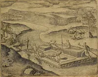 An illustration from Americæ nona & postrema pars : qua de ratione elementorum, de novi orbis natvra, de hvivs incolarvm svperstitiosis cultibus : deq; forma politiæ ac reipubl. ipsorum copiosè pertractatur : catalogo regnum Mexicanorum omnium, à primo vsq; ad vltimum Monteçuman II. additio ... : his accessit designatio illivs navigationis, quam 5. naves Hollandicae anno 1598. per fretum Magellanum in Moluccanas insulas tentarunt : quomodo nimirum oborta tempestate Capitaeus Sebalt de Weert à cæteris nauibus dispulsus, postquam plurimis mensibus in freto infinitis aerumnis miserè iactatus fuisset, tandem infectare post biennum an. 1600. domum reuersus sit : addita est tertio navigatio recens, quam 4. navium praefectus Olevier à Noort proximè suscepit ... : omnia è Germanico Latinitate donata, & insuper elegantissimis figuris æneis coornata editaq; sumptibus Theodori de Bry p.m. Viduæ & binorum filiorum (1602)