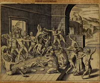 An illustration from Americæ nona & postrema pars : qua de ratione elementorum, de novi orbis natvra, de hvivs incolarvm svperstitiosis cultibus : deq; forma politiæ ac reipubl. ipsorum copiosè pertractatur : catalogo regnum Mexicanorum omnium, à primo vsq; ad vltimum Monteçuman II. additio ... : his accessit designatio illivs navigationis, quam 5. naves Hollandicae anno 1598. per fretum Magellanum in Moluccanas insulas tentarunt : quomodo nimirum oborta tempestate Capitaeus Sebalt de Weert à cæteris nauibus dispulsus, postquam plurimis mensibus in freto infinitis aerumnis miserè iactatus fuisset, tandem infectare post biennum an. 1600. domum reuersus sit : addita est tertio navigatio recens, quam 4. navium praefectus Olevier à Noort proximè suscepit ... : omnia è Germanico Latinitate donata, & insuper elegantissimis figuris æneis coornata editaq; sumptibus Theodori de Bry p.m. Viduæ & binorum filiorum (1602)