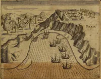 An illustration from Americæ nona & postrema pars : qua de ratione elementorum, de novi orbis natvra, de hvivs incolarvm svperstitiosis cultibus : deq; forma politiæ ac reipubl. ipsorum copiosè pertractatur : catalogo regnum Mexicanorum omnium, à primo vsq; ad vltimum Monteçuman II. additio ... : his accessit designatio illivs navigationis, quam 5. naves Hollandicae anno 1598. per fretum Magellanum in Moluccanas insulas tentarunt : quomodo nimirum oborta tempestate Capitaeus Sebalt de Weert à cæteris nauibus dispulsus, postquam plurimis mensibus in freto infinitis aerumnis miserè iactatus fuisset, tandem infectare post biennum an. 1600. domum reuersus sit : addita est tertio navigatio recens, quam 4. navium praefectus Olevier à Noort proximè suscepit ... : omnia è Germanico Latinitate donata, & insuper elegantissimis figuris æneis coornata editaq; sumptibus Theodori de Bry p.m. Viduæ & binorum filiorum (1602)