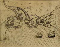 An illustration from Americæ nona & postrema pars : qua de ratione elementorum, de novi orbis natvra, de hvivs incolarvm svperstitiosis cultibus : deq; forma politiæ ac reipubl. ipsorum copiosè pertractatur : catalogo regnum Mexicanorum omnium, à primo vsq; ad vltimum Monteçuman II. additio ... : his accessit designatio illivs navigationis, quam 5. naves Hollandicae anno 1598. per fretum Magellanum in Moluccanas insulas tentarunt : quomodo nimirum oborta tempestate Capitaeus Sebalt de Weert à cæteris nauibus dispulsus, postquam plurimis mensibus in freto infinitis aerumnis miserè iactatus fuisset, tandem infectare post biennum an. 1600. domum reuersus sit : addita est tertio navigatio recens, quam 4. navium praefectus Olevier à Noort proximè suscepit ... : omnia è Germanico Latinitate donata, & insuper elegantissimis figuris æneis coornata editaq; sumptibus Theodori de Bry p.m. Viduæ & binorum filiorum (1602)